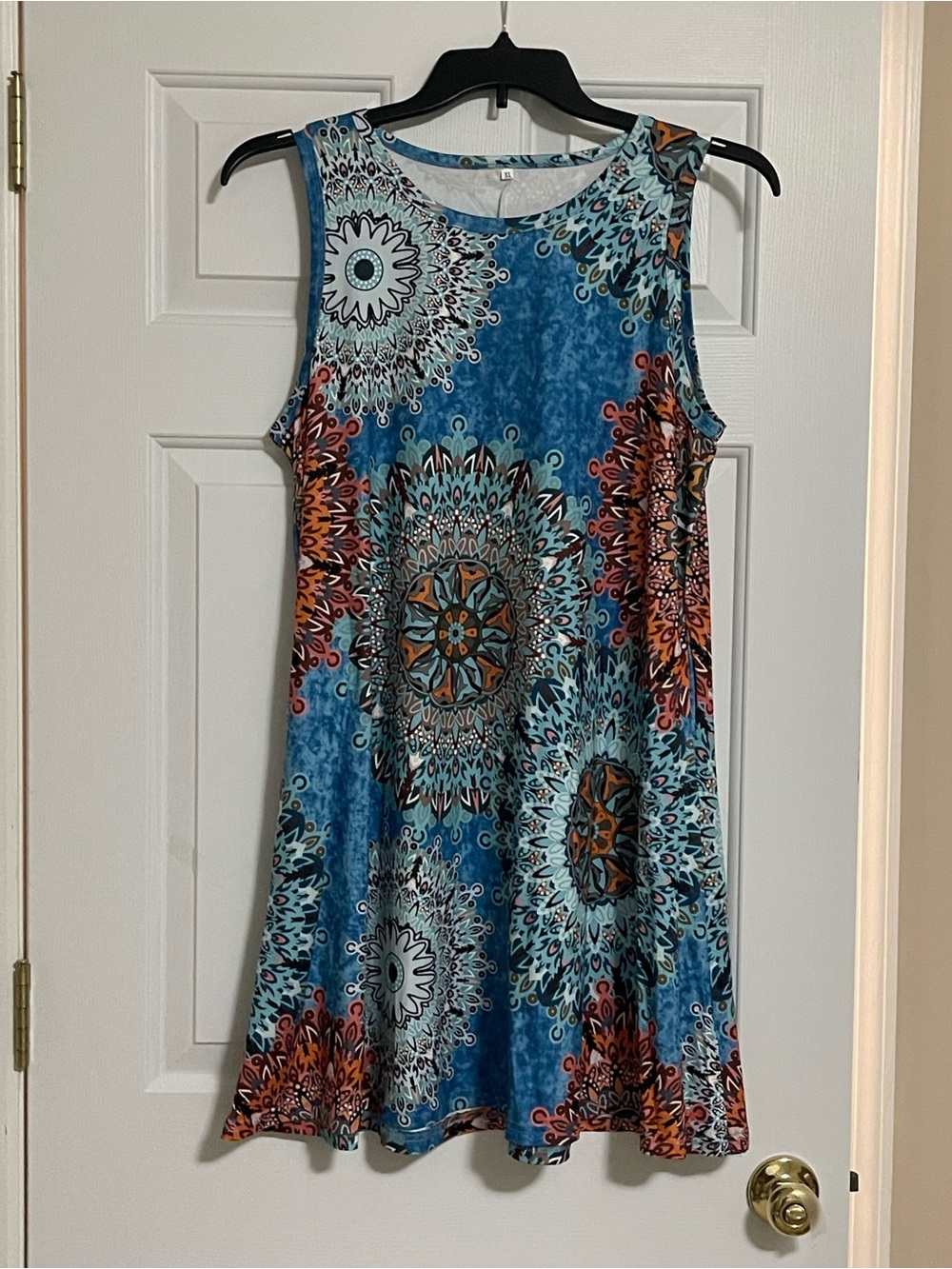 Sleeveless Blue Medallion Print Swing Dress